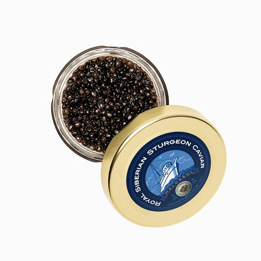 Royal Siberian Sturgeon caviar in an open glass jar with lid 1 oz.