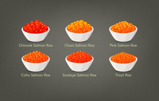 Chum Salmon Roe, Pink Salmon Roe, Sockeye Salmon Roe, Coho Salmon Roe, Chinook Salmon Roe and Trout Roe.