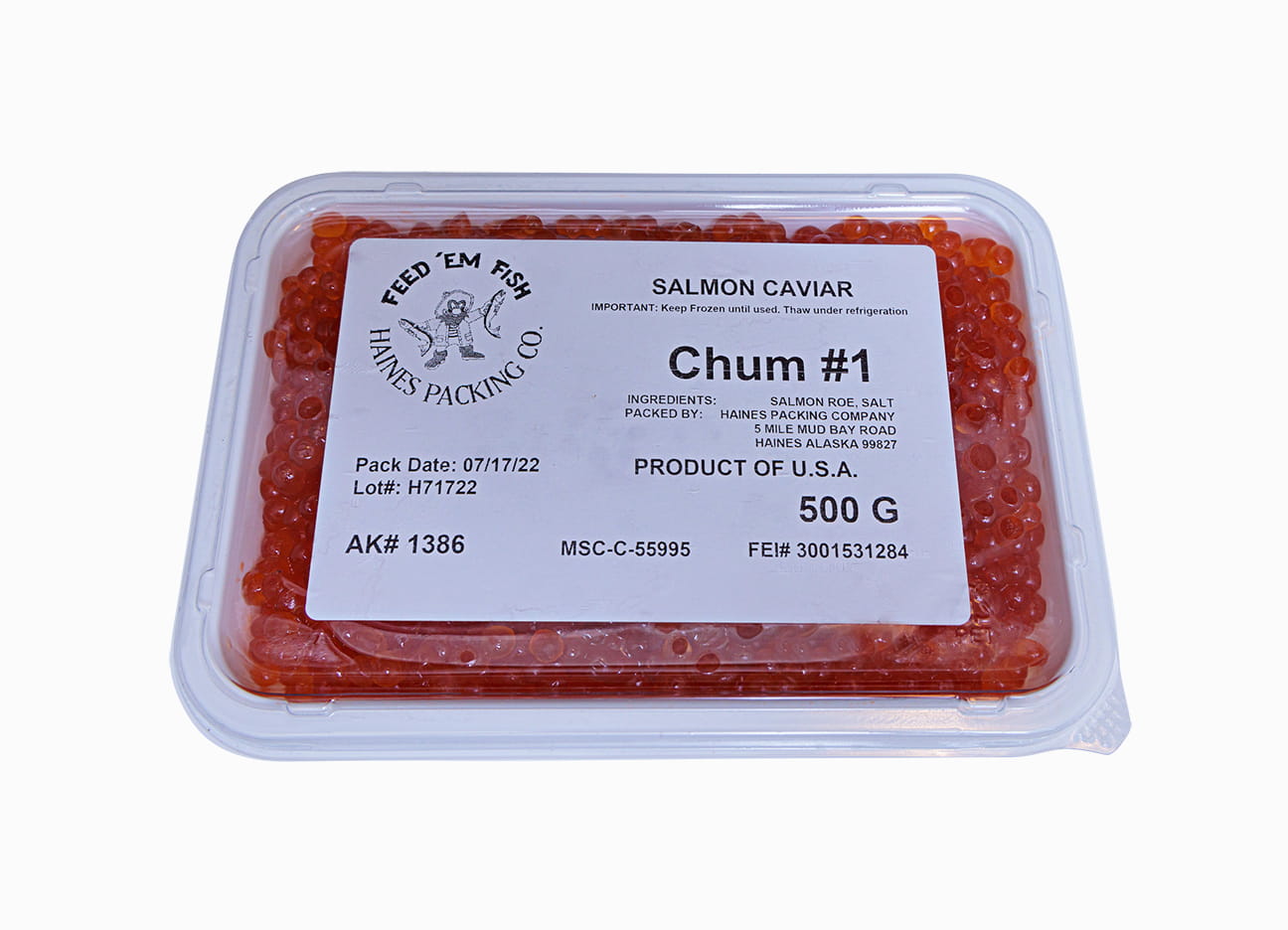 Wild Alaskan Chum Salmon Caviar Haines Packing 17.6 oz in a closed package.
