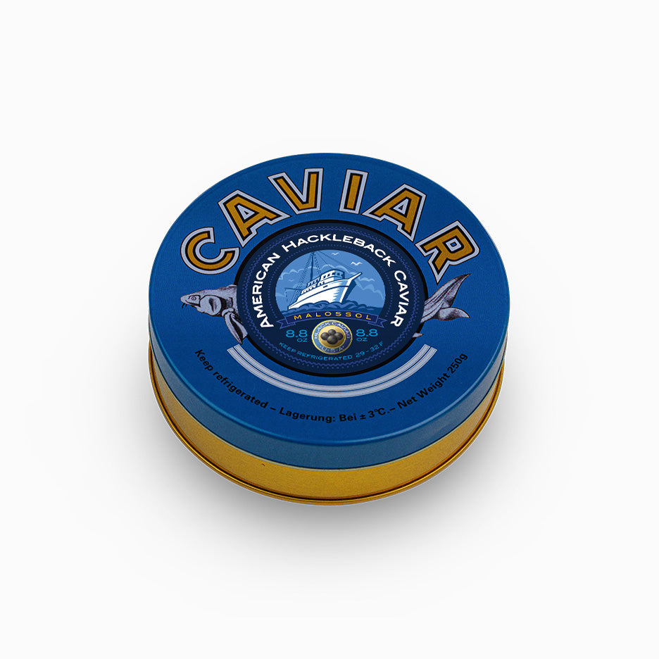 American Hackleback Sturgeon caviar in a closed metal tin 8.8 oz.