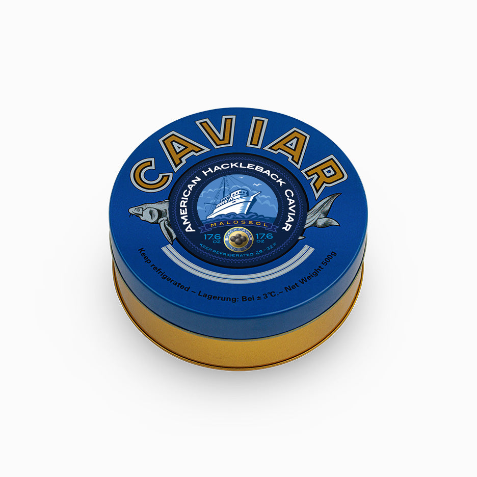 American Hackleback Sturgeon caviar in a closed metal tin 17.6 oz.