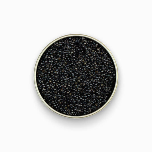 American Hackleback Sturgeon caviar in an open metal tin 4.4 oz.