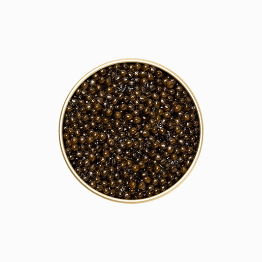 Beluga Hybrid Caviar in an open metal tin 4.4 oz.