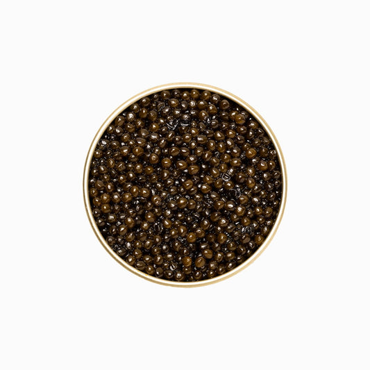 Beluga Hybrid Caviar in an open metal tin 8.8 oz.