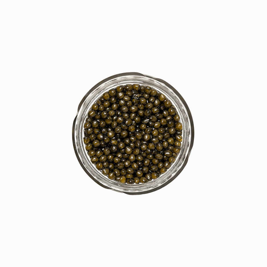 Classic Osetra Caviar in an open glass jar 1 oz.