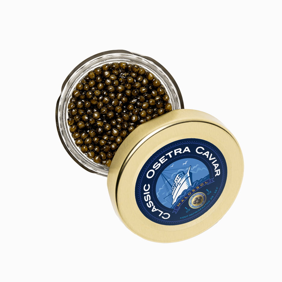 Classic Osetra Caviar in an open glass jar with lid 1 oz.