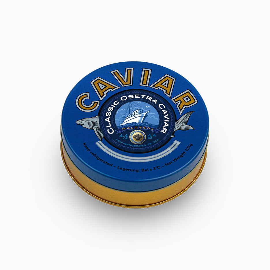 Classic Osetra Caviar in a closed metal tin 4.4 oz.