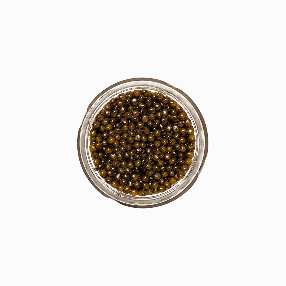 Kaluga Fusion Amber Sturgeon caviar in an open glass jar 1 oz.