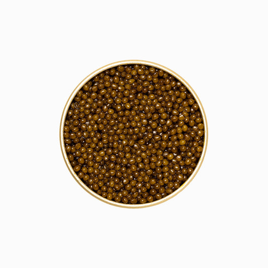 Golden Osetra Caviar in an open metal tin 8.8 oz.