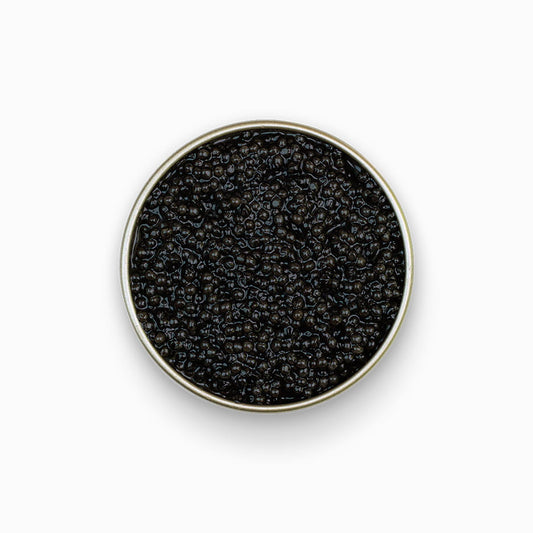 Paddlefish black caviar in an open metal tin 8.8 oz.