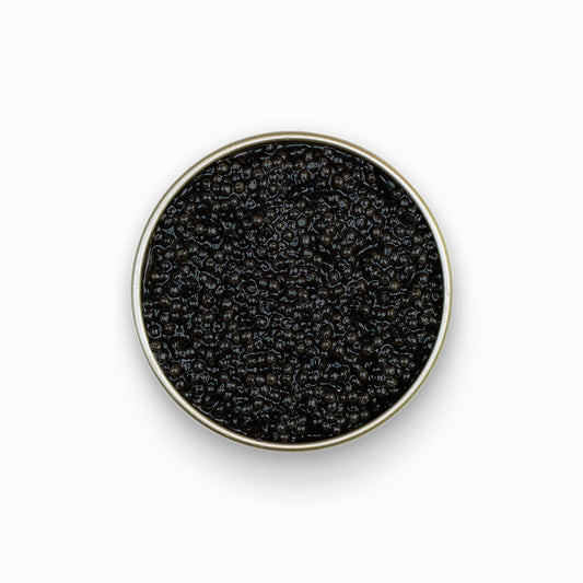 Paddlefish black caviar in an open metal tin 17.6 oz.