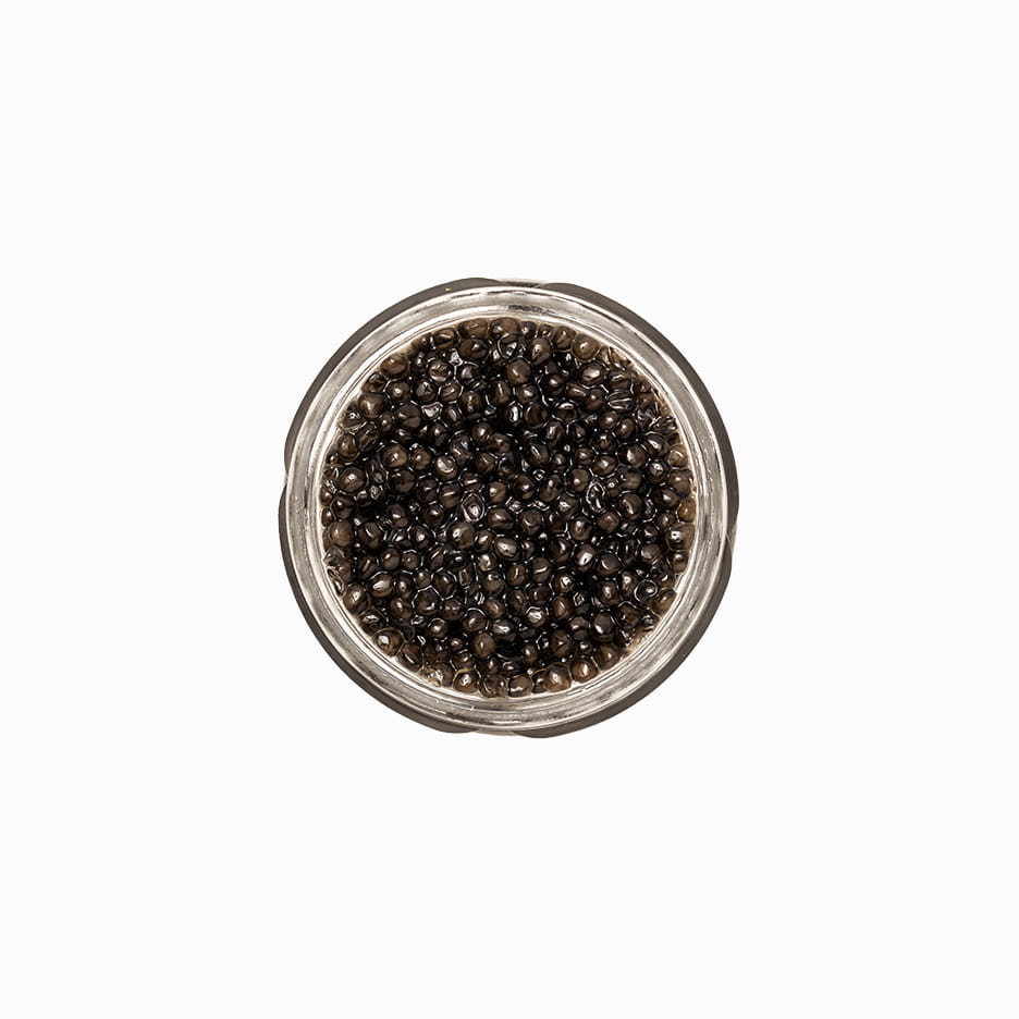 Royal Siberian Sturgeon caviar in an open glass jar 1 oz.