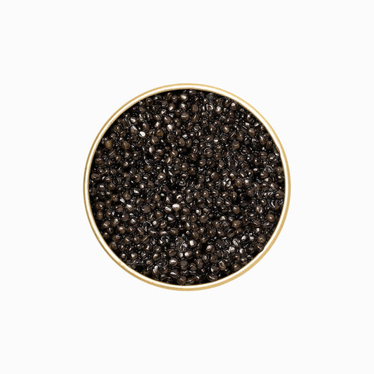 Royal Siberian Sturgeon caviar in an open metal tin 4.4 oz.