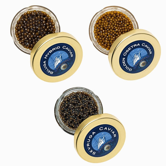 Beluga Hybrid, Golden Osetra, Sevruga Caviar Tasting Set