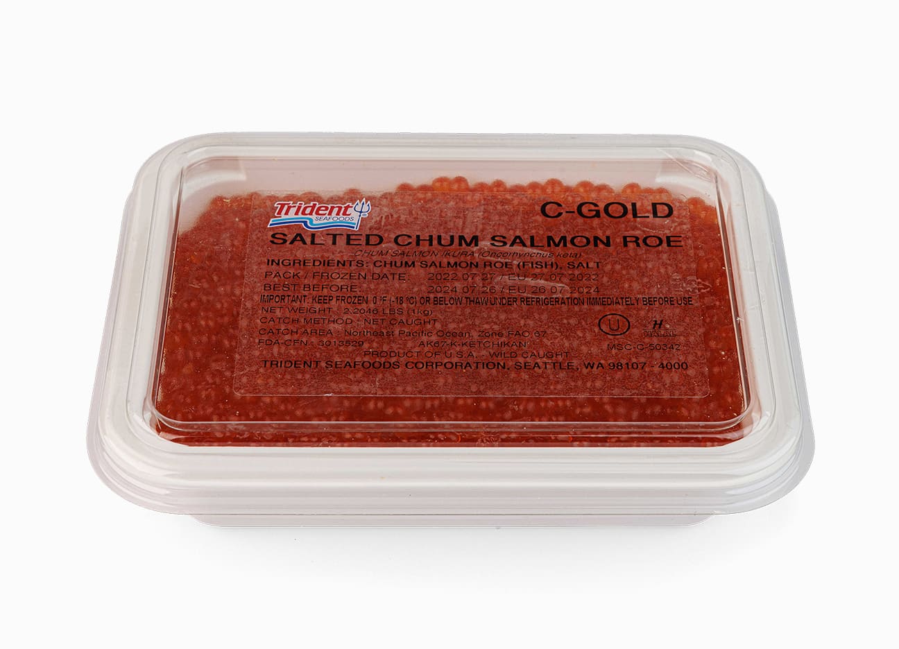 Wild Alaskan Chum Salmon Caviar Trident (C-Gold) 35.2 oz in a closed package.