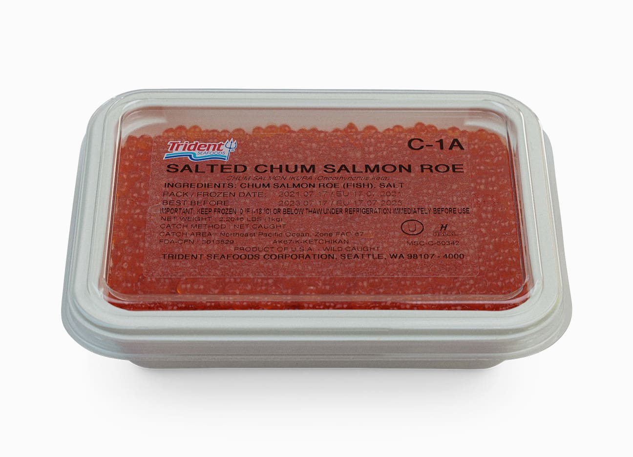 Wild Alaskan Salmon Chum Red Caviar Trident C-1A 35.2 oz in a package.