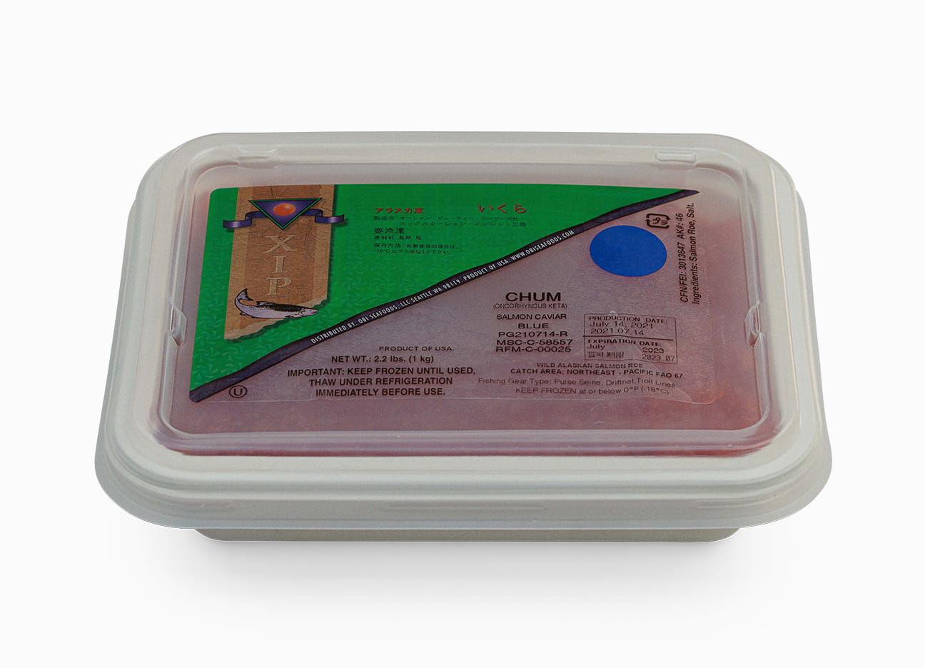 Wild Alaskan Salmon Chum Red Caviar XIP Grade Blue 35.2 oz in a package.