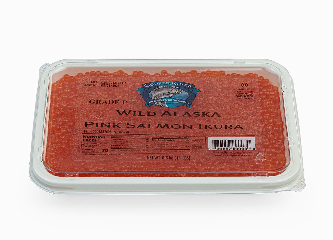 Wild Alaskan Pink Salmon Caviar Copper River Grade P 17.6 oz in a package.