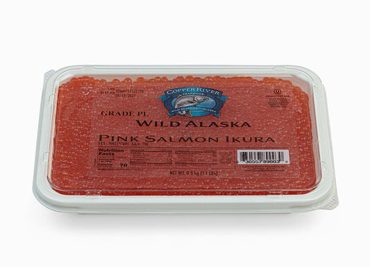 Wild Alaskan Pink Salmon Caviar Copper River Grade PL 17.6 oz in a package.